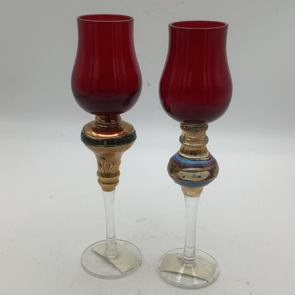 Two Bombay Co. Ruby Red and Gold Long Stem Cordial Glasses